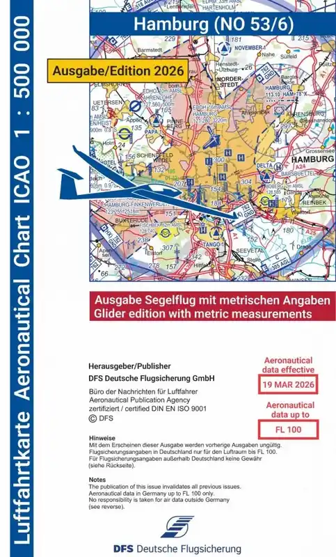 Bestpreis ICAO-Karte, Blatt Hamburg (Ausgabe 2026), Segelflug 1:500.000 (Papier)