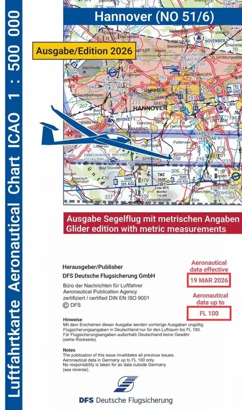 Expressversand ICAO-Karte, Blatt Hannover (Ausgabe 2026), Segelflug 1:500.000 (Papier)