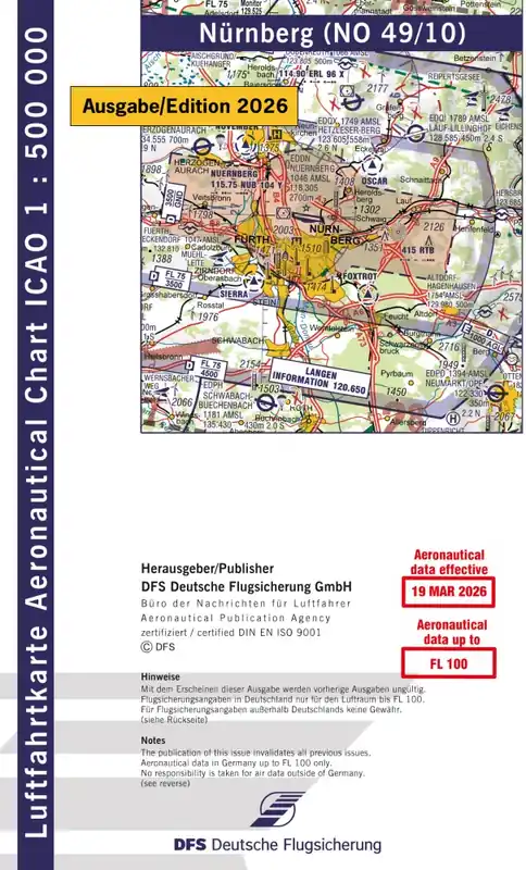 ICAO-Karte, Blatt Nürnberg (Ausgabe 2026), Motorflug 1:500.000 (Papier) Zertifiziert