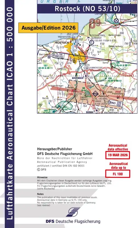 Kracherpreis ICAO-Karte, Blatt Rostock (Ausgabe 2026), Motorflug 1:500.000 (Papier)