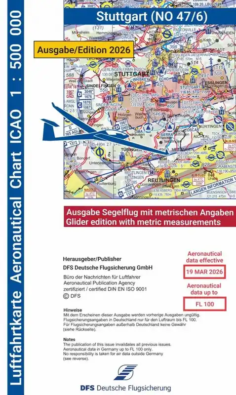 ICAO-Karte, Blatt Stuttgart (Ausgabe 2026), Segelflug 1:500.000 (Papier) Direkt Vom Hersteller