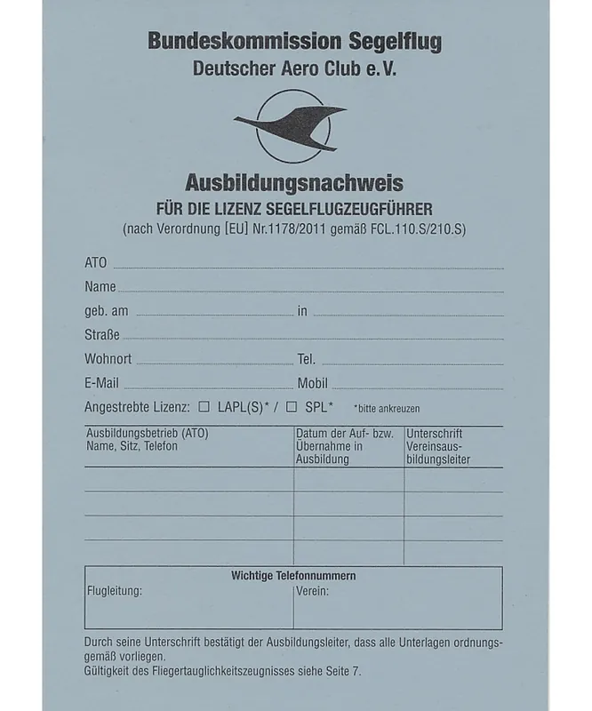 Ausbildungsnachweis - Lizenz Segelflugzeugführer Günstig