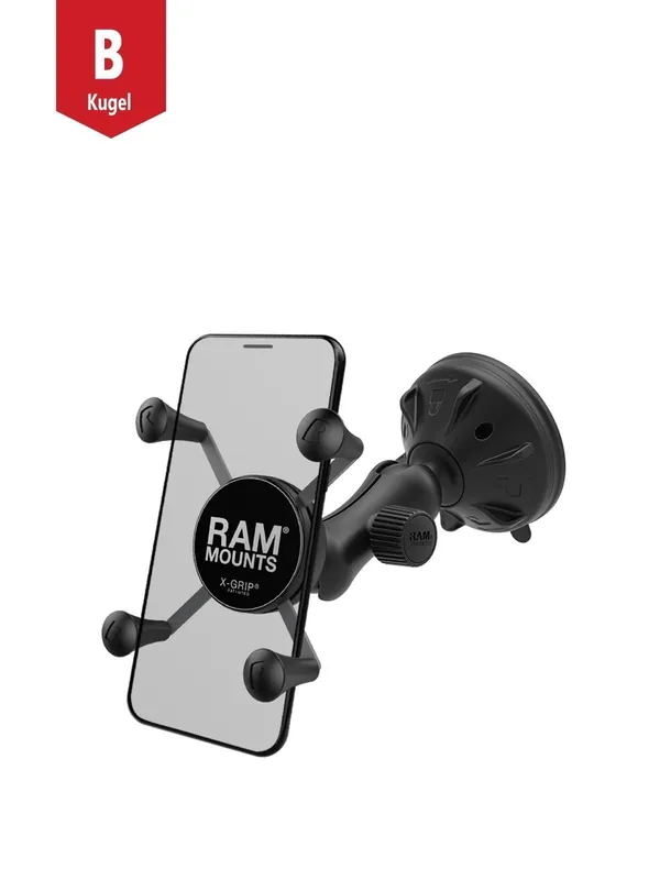 Kracherpreis RAM Mounts Saugfuss-Halterung mit X-Grip Halteklammer für Smartphones bis 82,6 mm Breite - B-Kugel (1 Zoll), kurzer Verbindungsarm (ca. 50 mm)