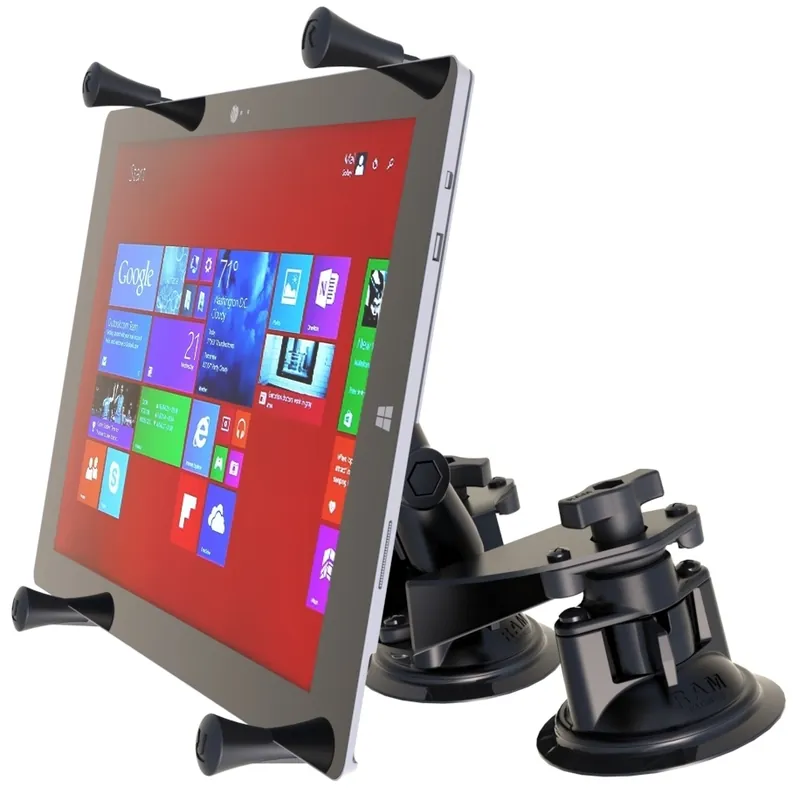 RAM Mounts Doppel-Saugfuss-Halterung für 12 Zoll Tablets - B-Kugel (1 Zoll), X-Grip Halteschale, mittlerer Verbindungsarm, ideal für gewölbte Oberfläc Markenware