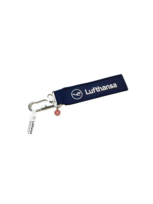 Lufthansa REMOVE BEFORE FLIGHT Strap - mit Flugzeug-Karabiner, blau-weiß Highlight