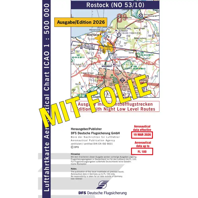 ICAO Motorflugkarte Deutschland, Rostock, 2026, NTFS, gefaltet, mit Folie Sonderangebot