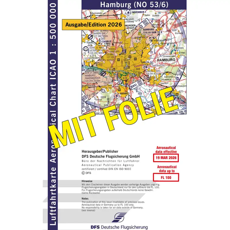 ICAO Motorflugkarte Deutschland, Hamburg, 2026, gefaltet, mit Folie Markenware