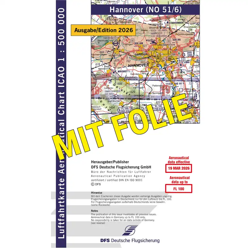 ICAO Motorflugkarte Deutschland, Hannover, 2026, gefaltet, mit Folie Online Kaufen