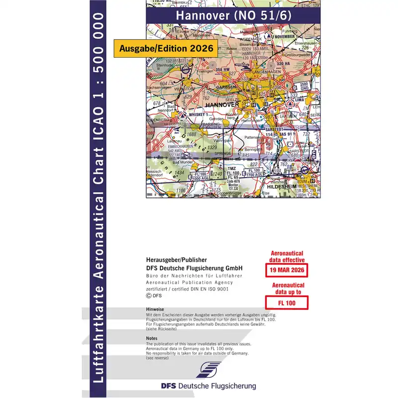 ICAO Motorflugkarte Deutschland, Hannover, 2026, gefaltet, ohne Folie Ausverkauf