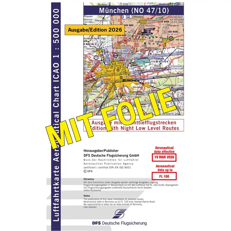 Expressversand ICAO Motorflugkarte Deutschland, München, 2026, NTFS, gefaltet, mit Folie