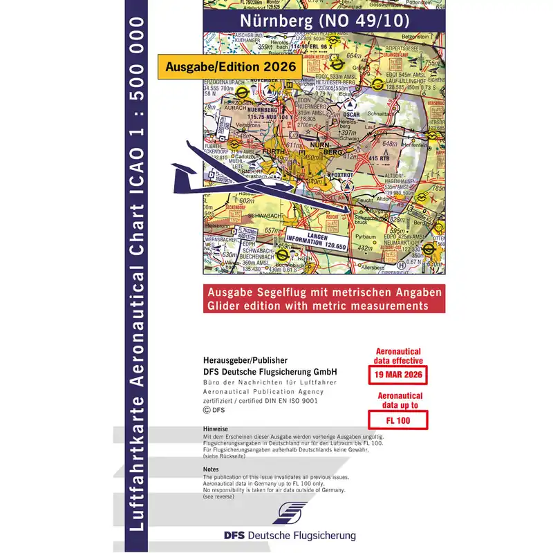Sonderangebot ICAO Segelflugkarte Deutschland, Nürnberg, 2026, gefaltet, ohne Folie