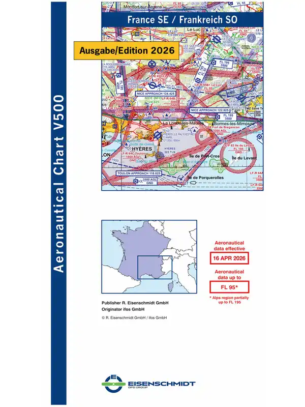 Frankreich 2026 Südost V500 VFR-Karte - Papier, gefaltet Beliebt