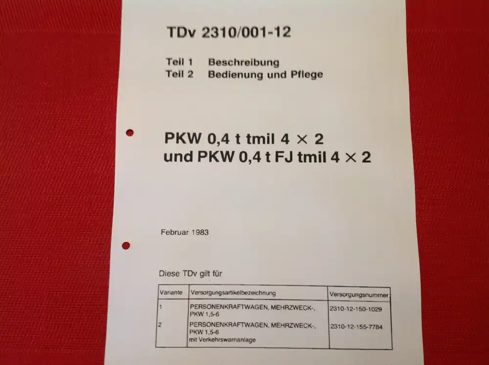 Begrenztes Angebot PKW 0,4 t tmil 4 x 2 und PKW 0,4 t FJ tmil 4 x 2, TDv 2310/001-12
