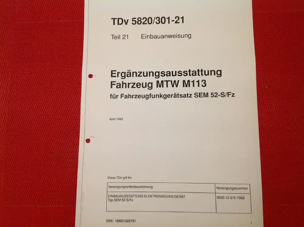 Sichere Zahlung Ergänzungsausstattung Fahrzeug MTW M113 für Fahrzeugfunkgerätesatz SEm 52-S/Fz, TDv 5820/301-21