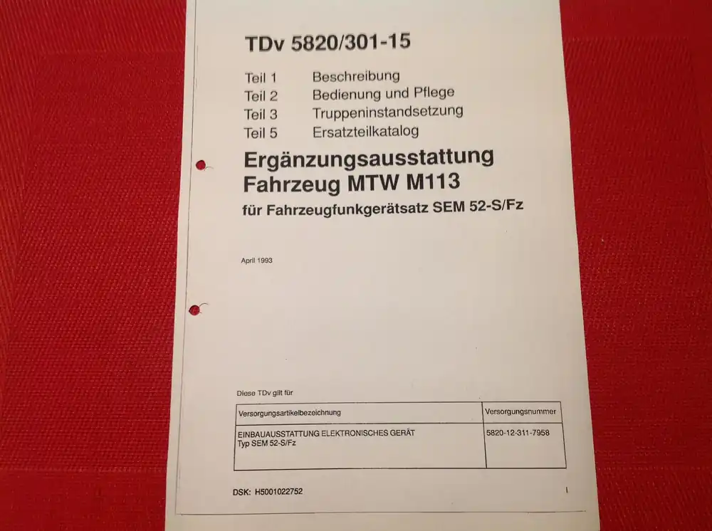 Bestseller Ergänzungsausstattung Fahrzeug MTW M113 für Fahrzeugfunkgerätesatz SEM 52-S/Fz, TDv 5820/301-15