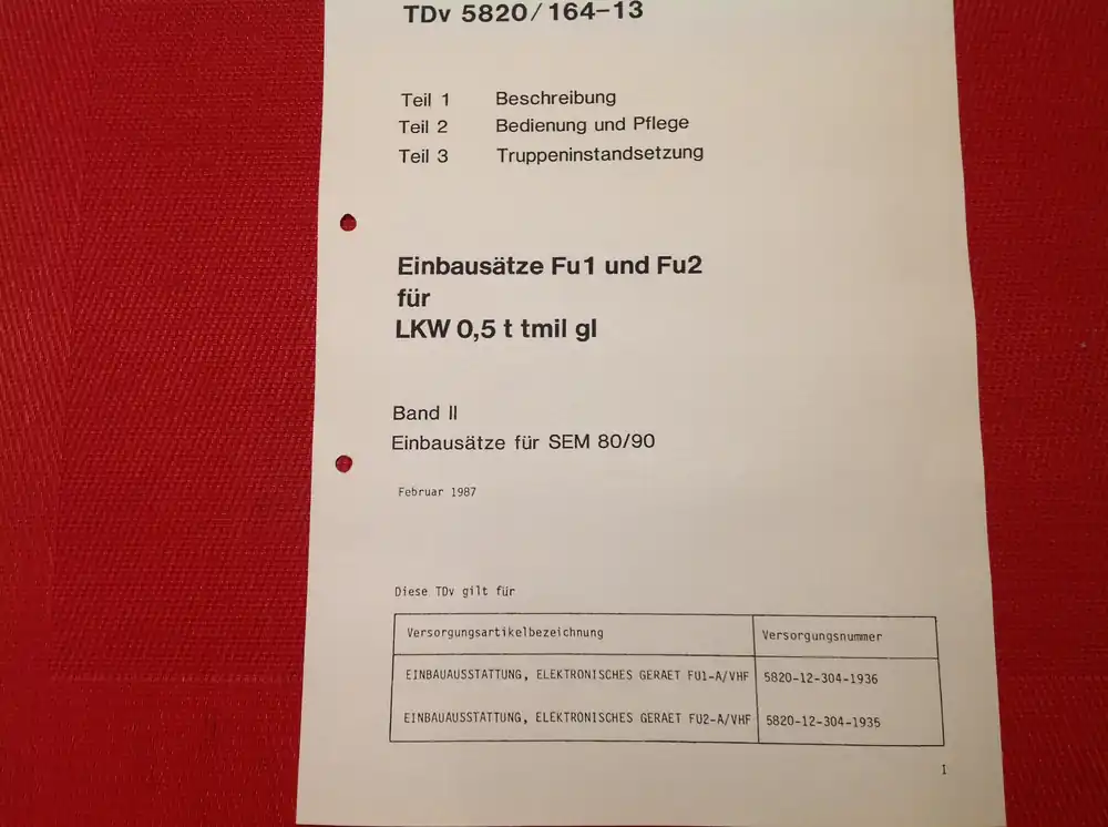 Einbausätze Fu1 und Fu2 für LKW 0,5 t tmil gl, TDv 5820/164-13 Nur Für Kurze Zeit