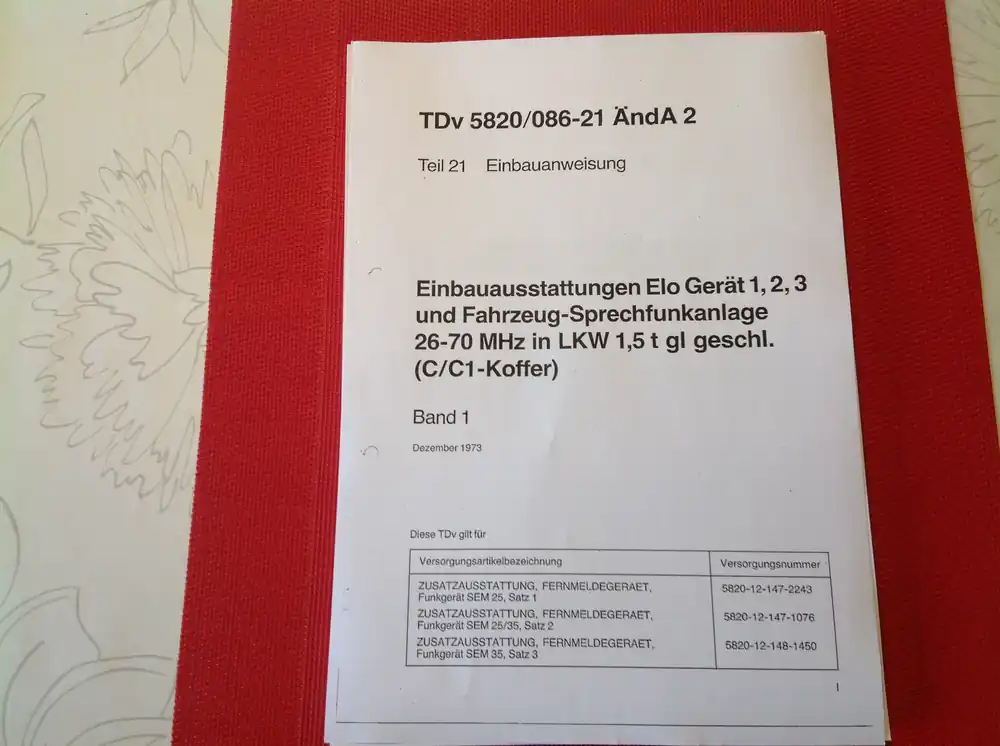 TDv 5820/086-21, Einbauausstattungen Elo Gerät 1,2,3 und Fahrzeugsprechanlage 26-70 MHz in LKW 1,5 to gl geschl. (C/C1-Koffer) Versand Am Gleichen Tag