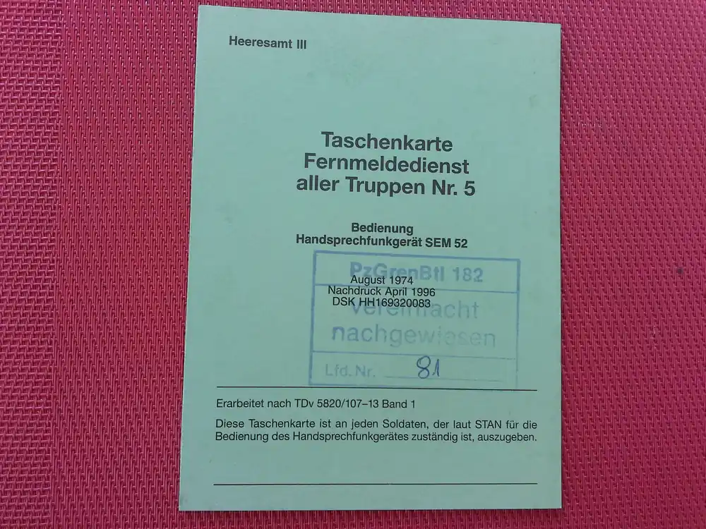 Taschenkarte Fernmeldedienst aller Truppen Nr.5 Markenprodukt