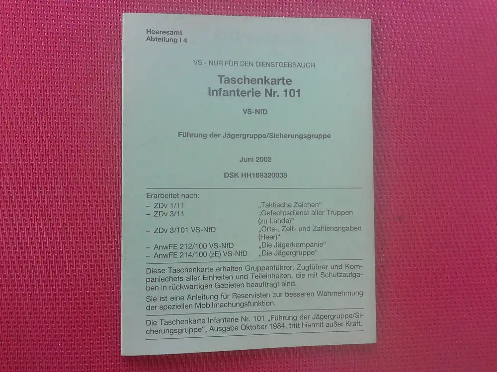 Taschenkarte Infanterie Nr.101 (Juni 2002) Nur Für Kurze Zeit