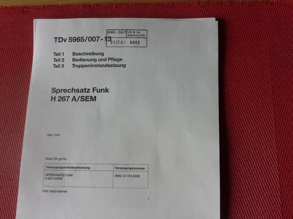 Markenprodukt Sprechsatz Funk H 267 A/SEM, TDv 5965/007-13