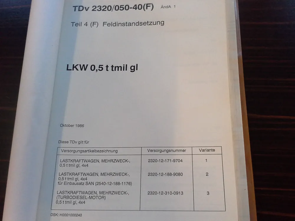 Neu Im Sortiment TDv 2320/050-40, Teil 4 Feldinstandsetzung, LKW 0,5 t tmil gl