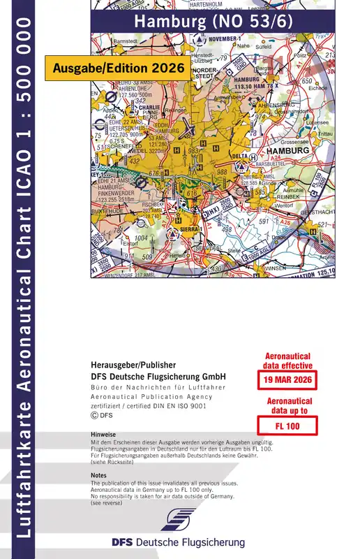 Zertifiziert ICAO-Karte (Ausgabe 2026) 1:500.000, Motorflug, gefalzt/ Papier mit Folie