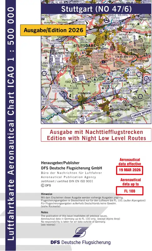 ICAO-Karte (Ausgabe 2026) 1:500.000, Nachttiefflug, gefalzt/ Papier mit Folie Ausverkauf