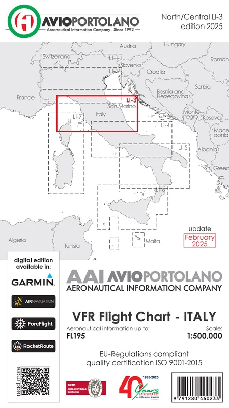 AVIOportolano VFR Flight Chart - Italy North/Central (LI-3) (Ausgabe 2026) Neuheit