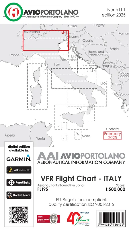 Markenware AVIOportolano VFR Flight Chart - Italy North (LI-1) (Ausgabe 2026)
