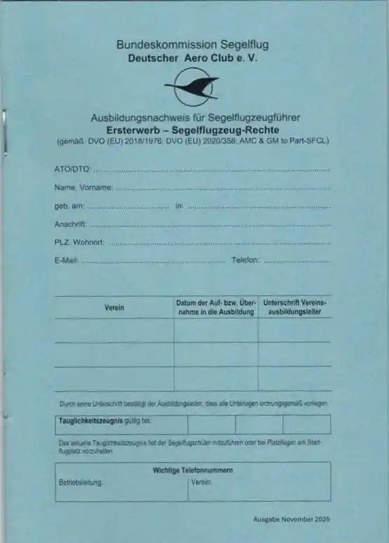 Jetzt Bestellen Ausbildungsnachweis Segelflugzeugführer